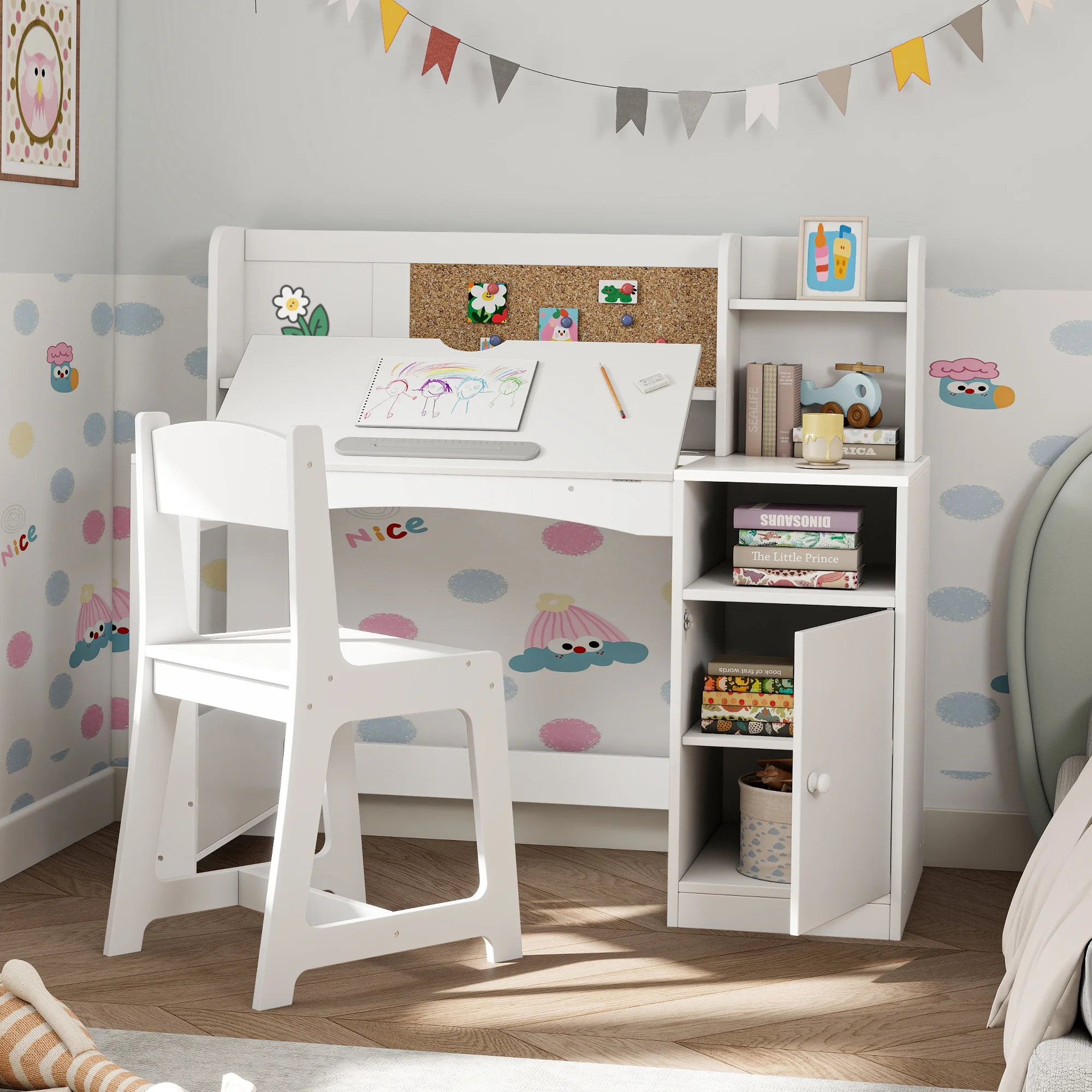 Reasea Kids Study Desk and Chair Set with Tiltable Desktop, Hutch & Storage - Wooden Writing Table for Ages 5-12,White