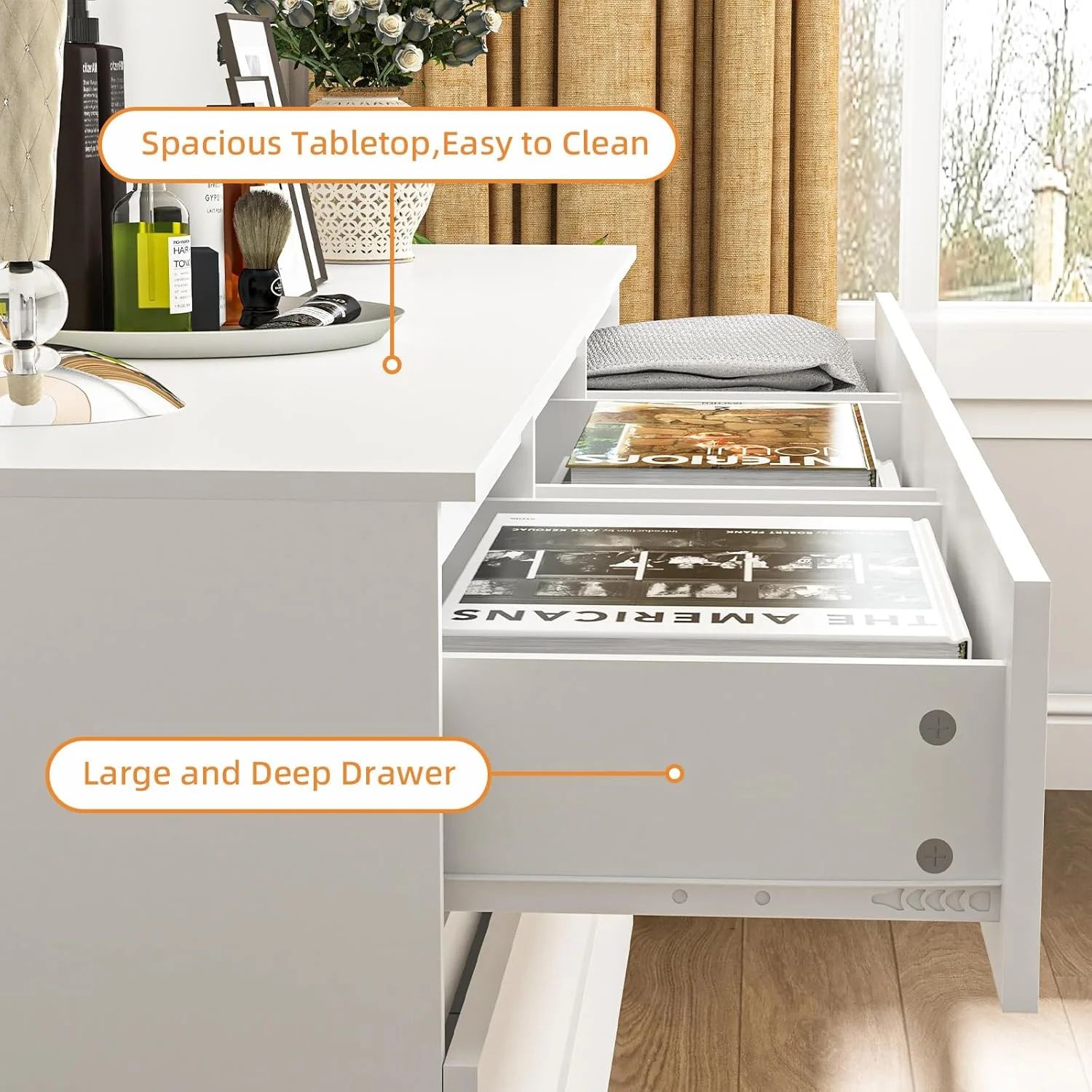 Fluted 6 Drawers Dresser, Wide Modern Chest of Drawers, Curved Profile Design, Dresser TV Stand, Wood Drawer Organizer for Bedroom, Living Room, Hallway