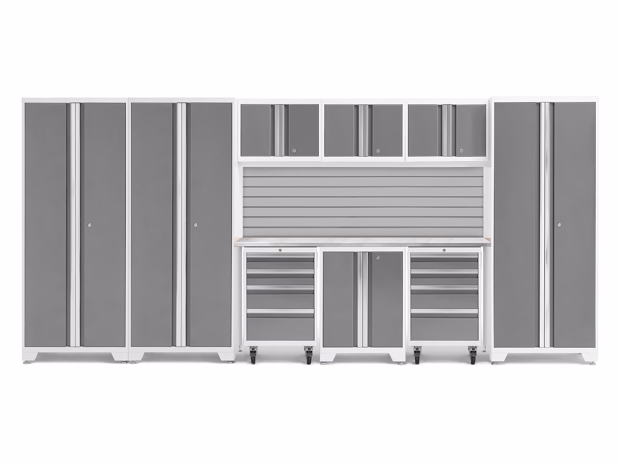 NewAge Products Bold Series Gray 10 Piece Cabinet Set, Heavy Duty 24-Gauge Steel Garage Storage System, Slatwall Included