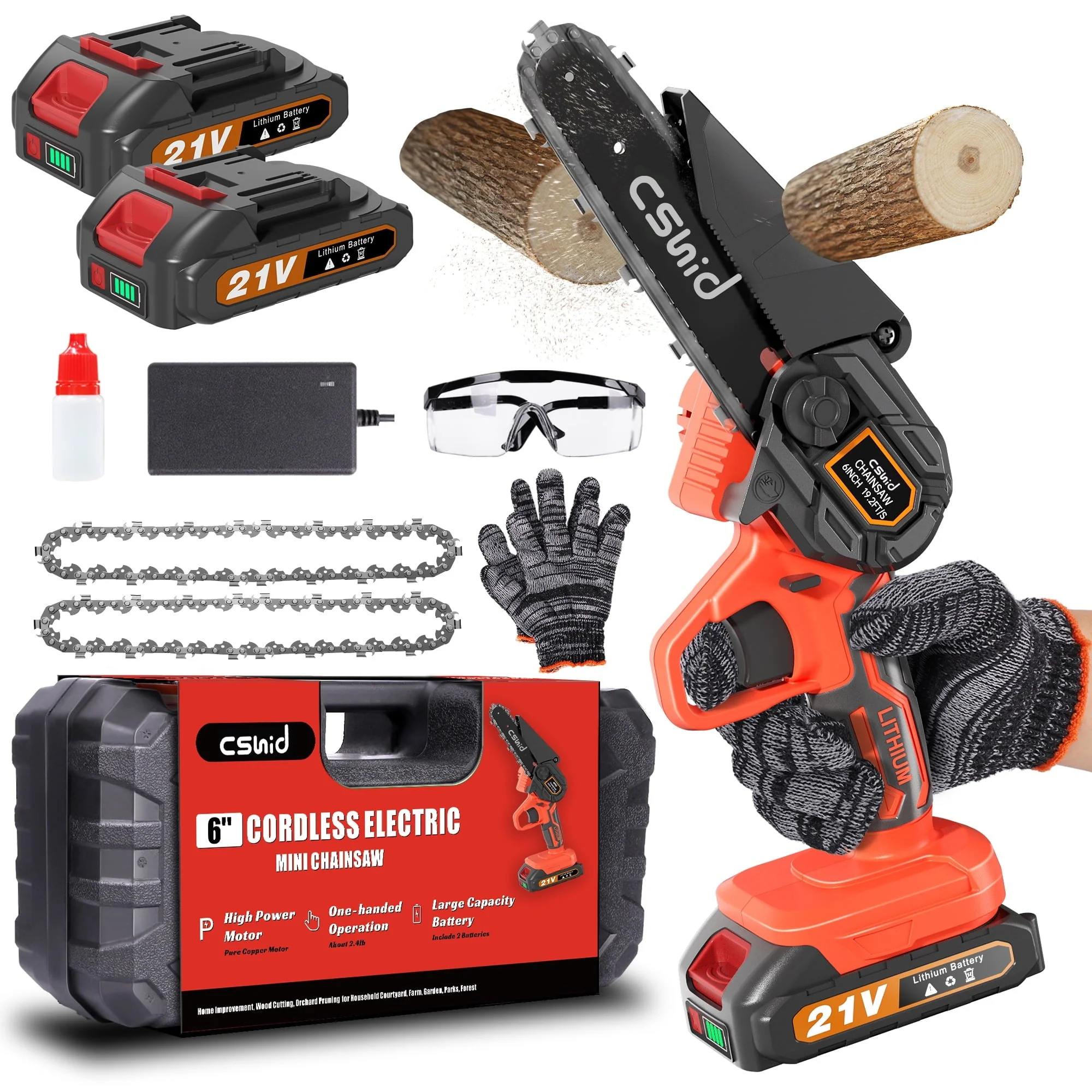Mini Chainsaw Cordless with 2 Batteries 2 Chains, 2023 Upgrade 6 Inch Best Mini Chain Saw Cordless With Security Lock, Handheld Small Chainsaw for Wood Cutting Tree Trimming, Orange