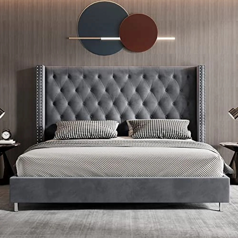 VanAcc Queen Bed Frame Upholstered Bed Wingback Headboard Velvet Tufted Diamond Button/No Box Spring Needed/Easy Assembly/Gray
