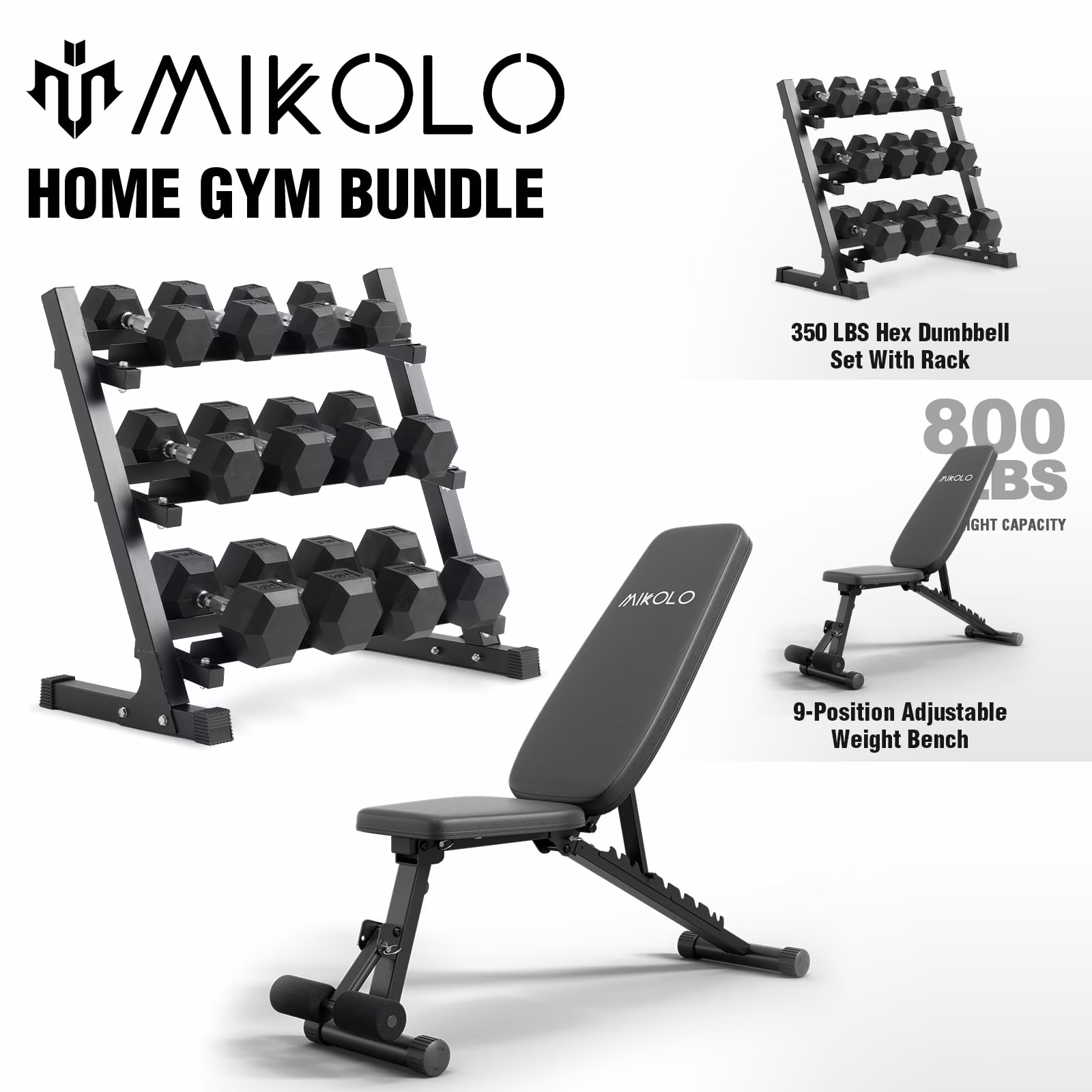 Mikolo Rubber Hex Dumbbell Set with Racks, Option in 450lbs, Strength Training Weight Set Home Gym