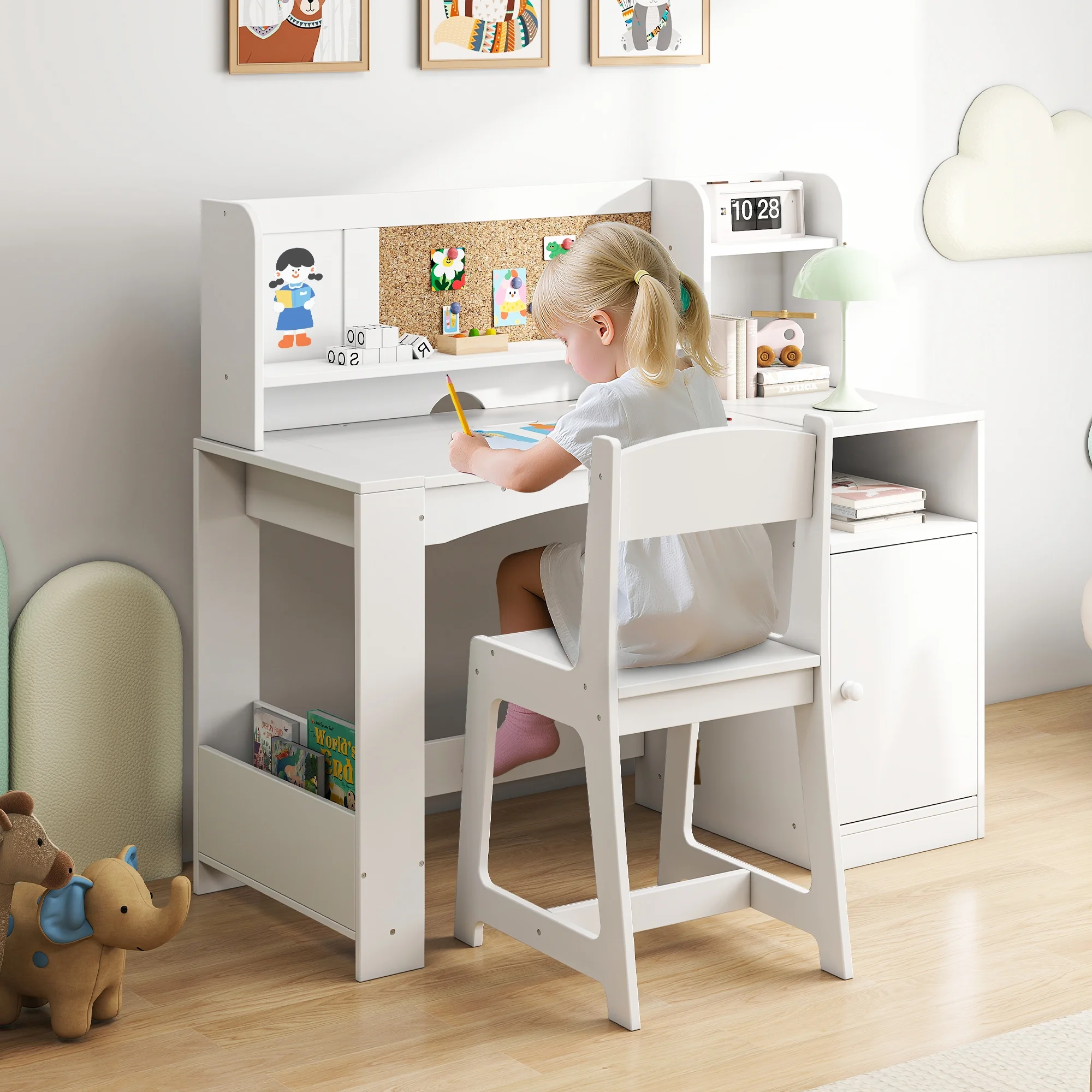 Reasea Kids Study Desk and Chair Set with Tiltable Desktop, Hutch & Storage - Wooden Writing Table for Ages 5-12,White