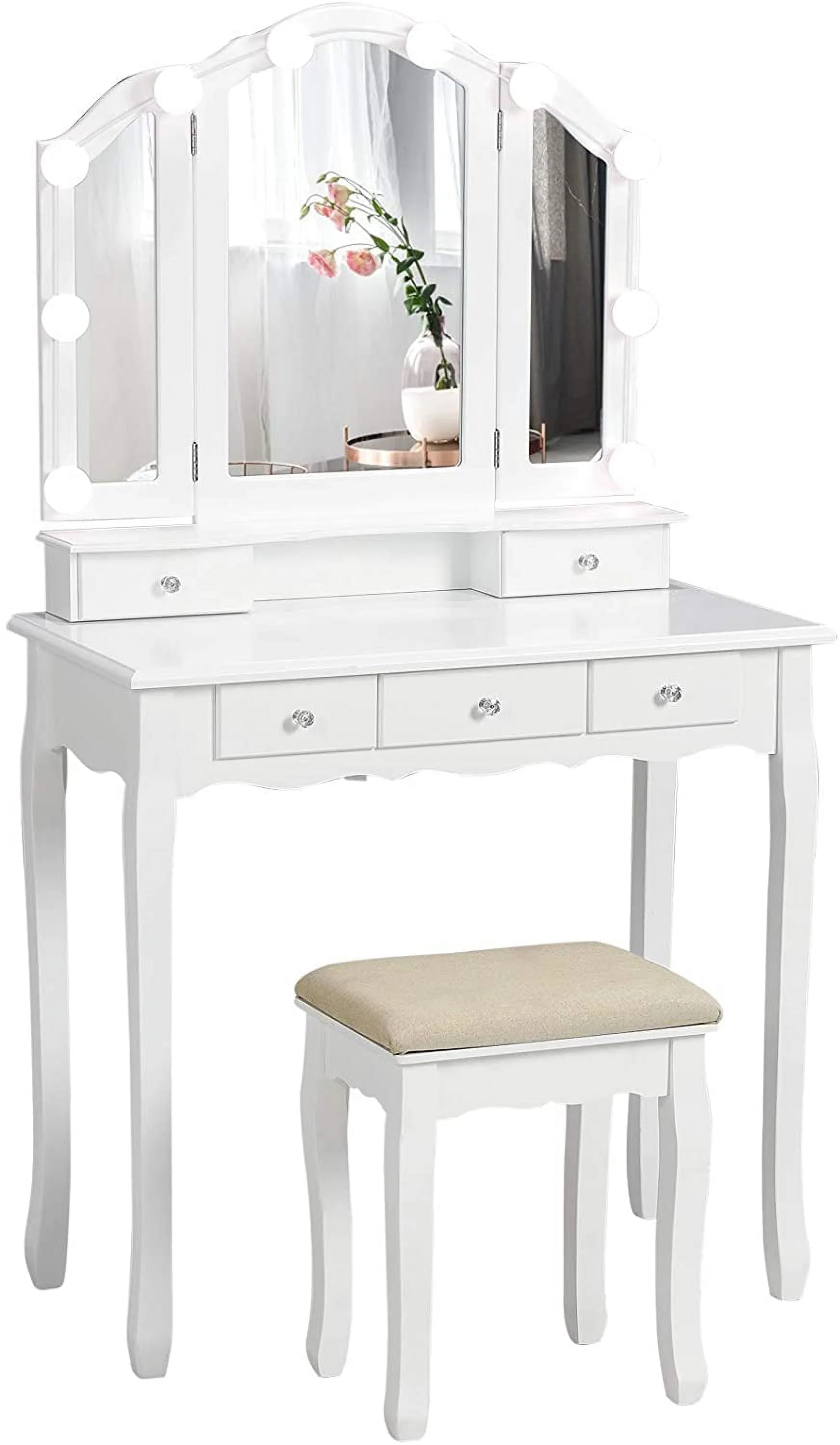 Vanity Table Set with Lighted Tri-Folding Mirror and Cushion Stool, White
