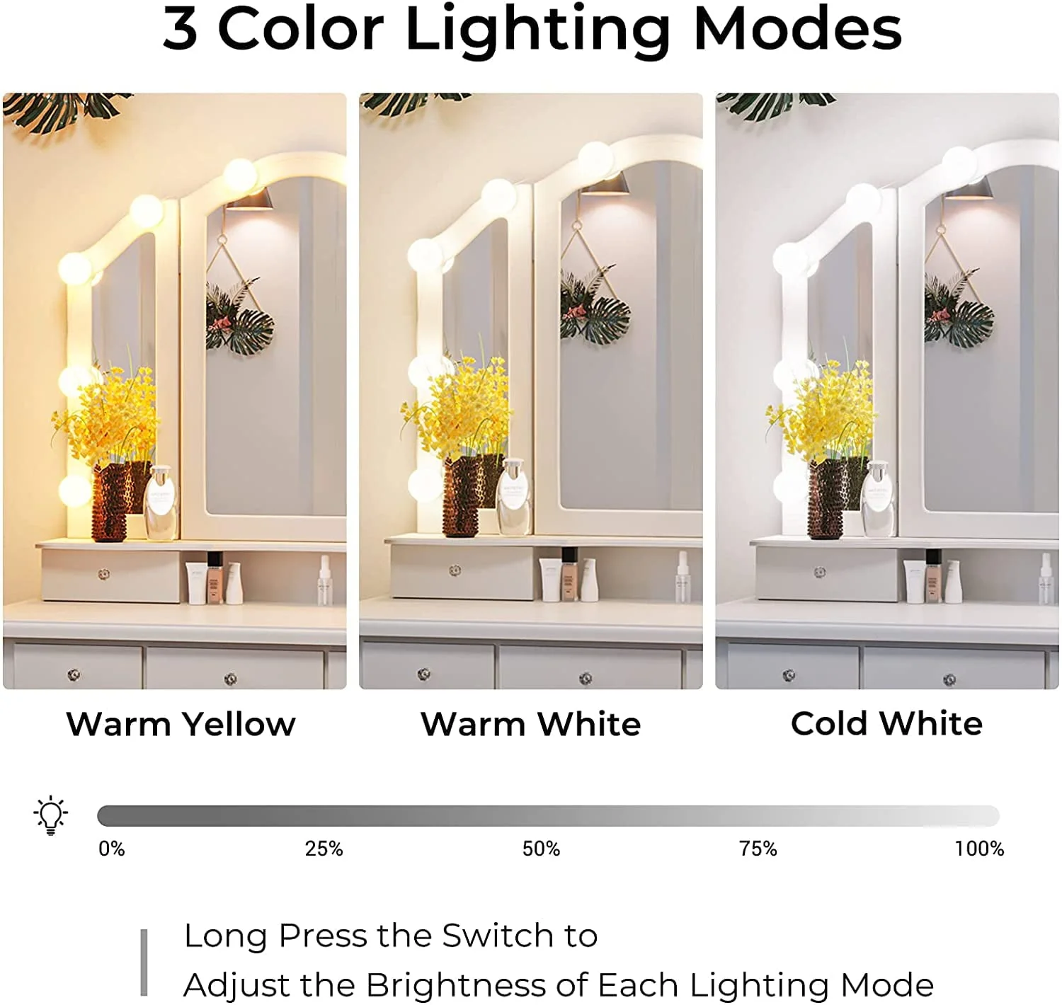 Vanity Table Set with Lighted Tri-Folding Mirror and Cushion Stool, White