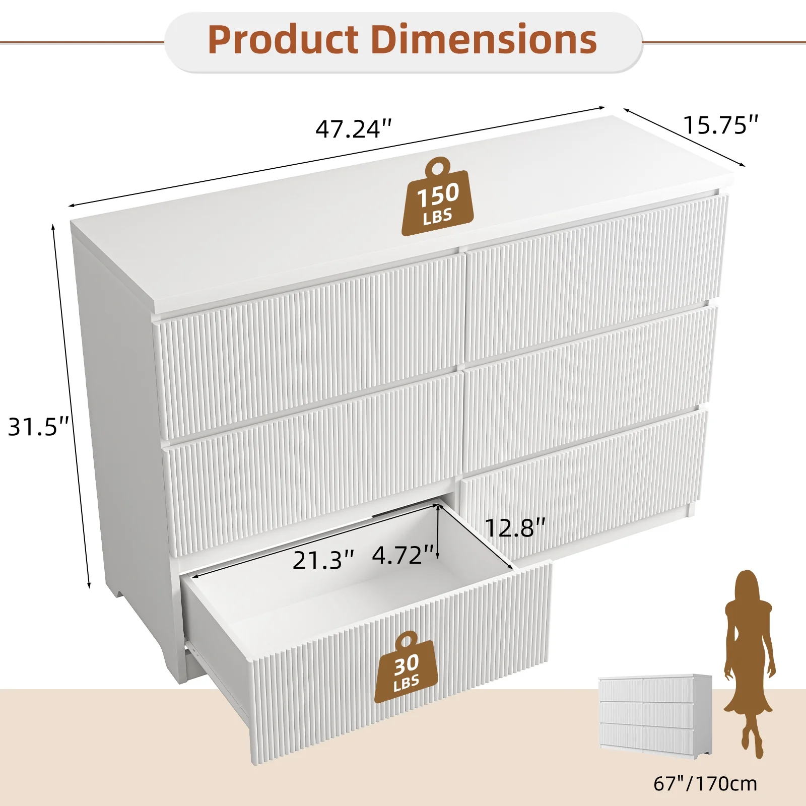 Fluted 6 Drawers Dresser, Wide Modern Chest of Drawers, Curved Profile Design, Dresser TV Stand, Wood Drawer Organizer for Bedroom, Living Room, Hallway