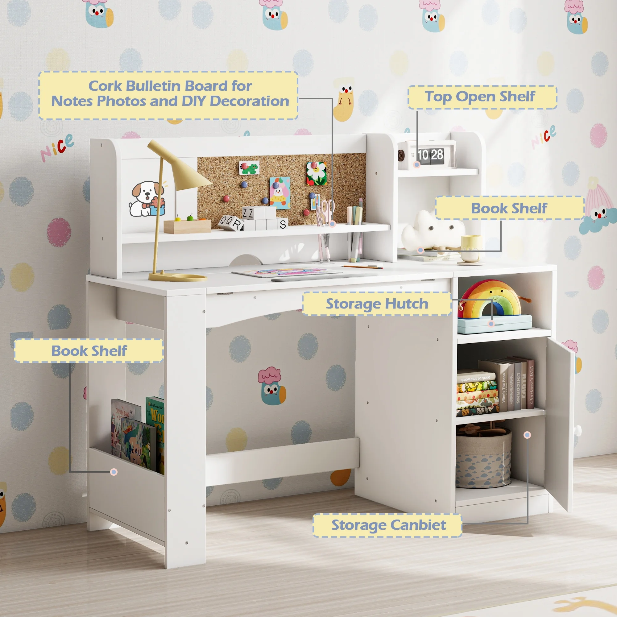 Reasea Kids Study Desk and Chair Set with Tiltable Desktop, Hutch & Storage - Wooden Writing Table for Ages 5-12,White