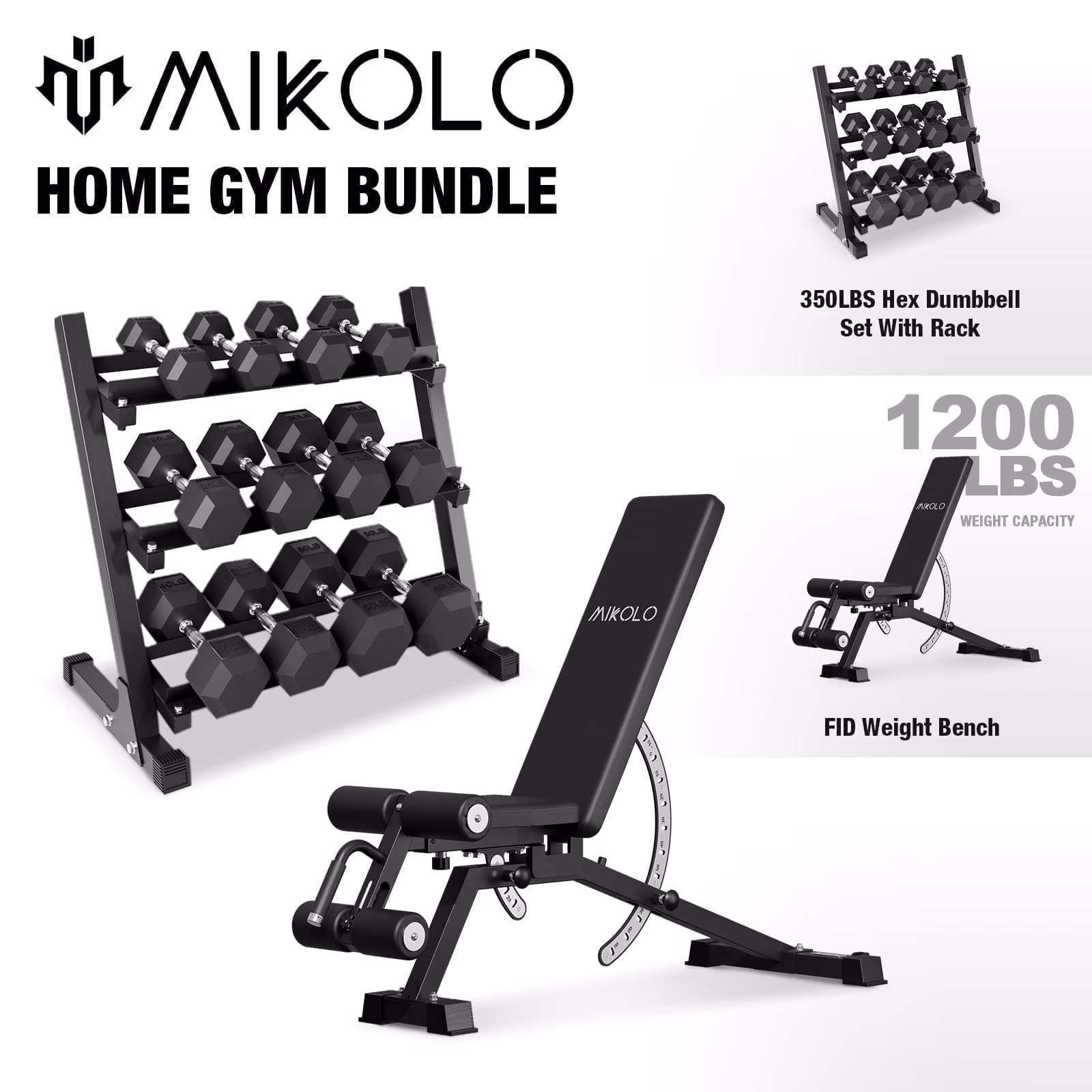 Mikolo Rubber Hex Dumbbell Set with Racks, Option in 450lbs, Strength Training Weight Set Home Gym