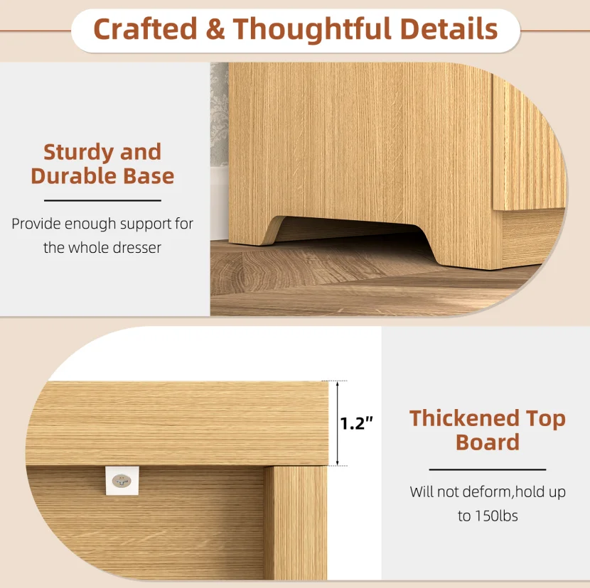 Fluted 6 Drawers Dresser, Wide Modern Chest of Drawers, Curved Profile Design, Dresser TV Stand, Wood Drawer Organizer for Bedroom, Living Room, Hallway