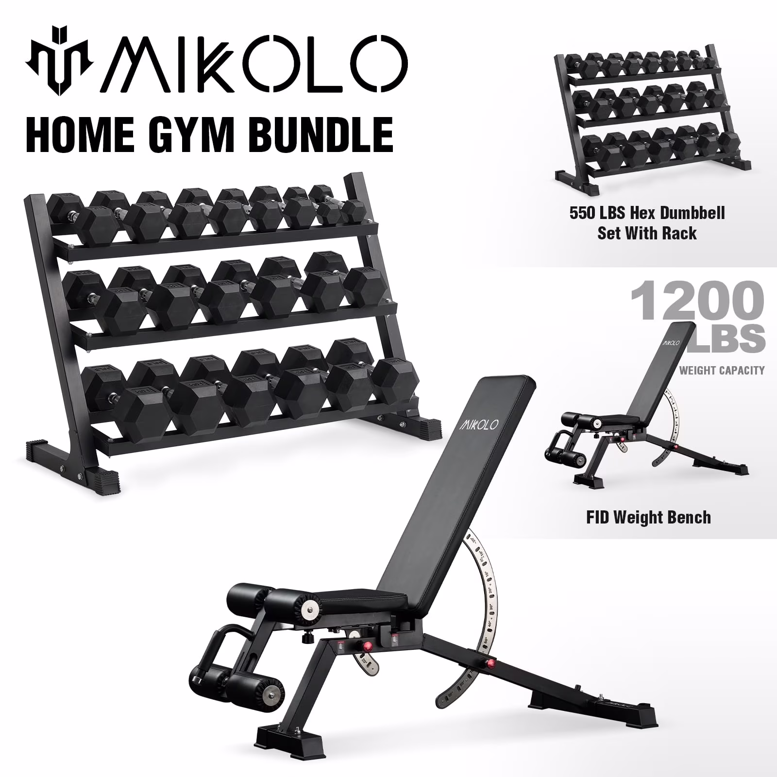 Mikolo Rubber Hex Dumbbell Set with Racks, Option in 450lbs, Strength Training Weight Set Home Gym