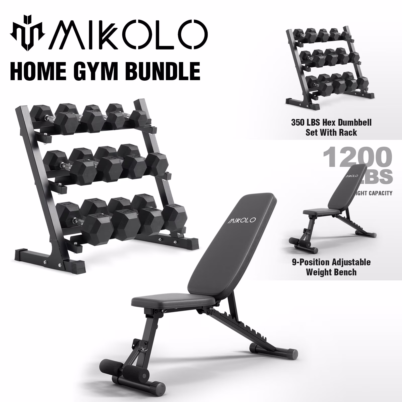Mikolo Rubber Hex Dumbbell Set with Racks, Option in 450lbs, Strength Training Weight Set Home Gym