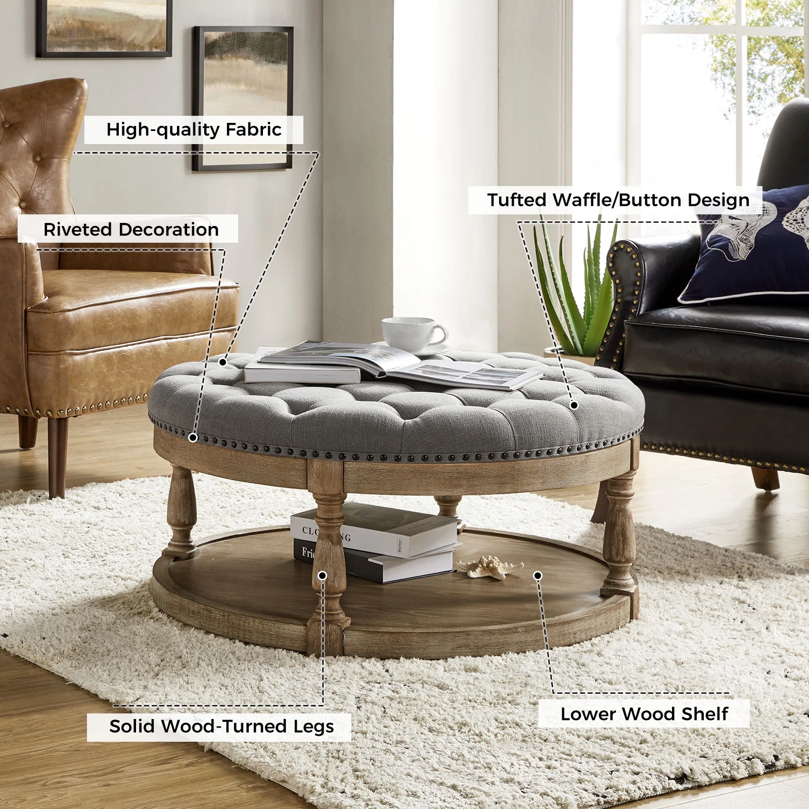 36'' Wide Blue Round Large Ottoman Tufted Coffee Table with Storage Wood Legs Home Living Room