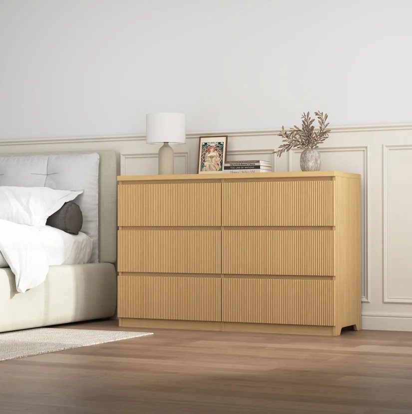 Fluted 6 Drawers Dresser, Wide Modern Chest of Drawers, Curved Profile Design, Dresser TV Stand, Wood Drawer Organizer for Bedroom, Living Room, Hallway