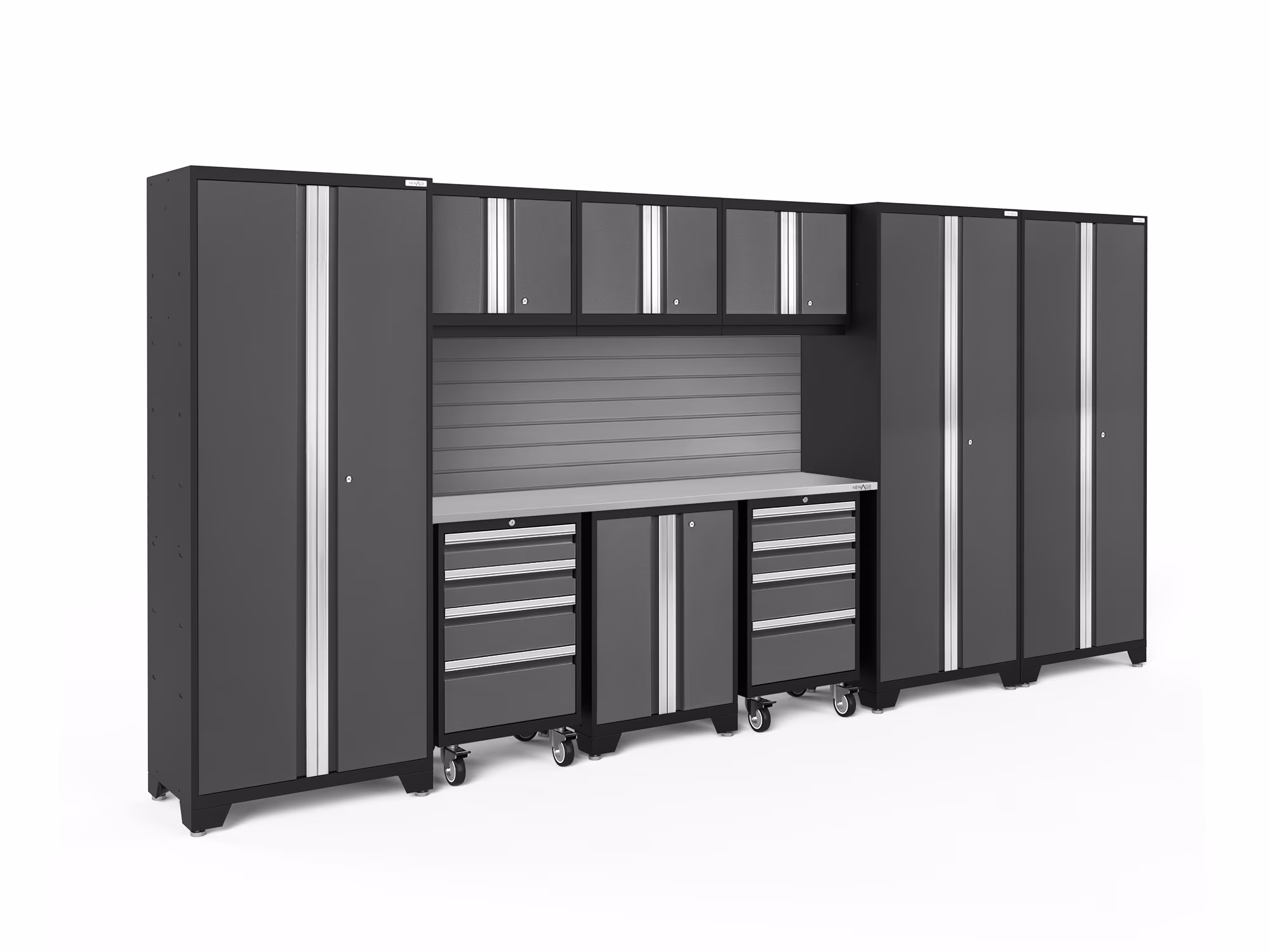 NewAge Products Bold Series Gray 10 Piece Cabinet Set, Heavy Duty 24-Gauge Steel Garage Storage System, Slatwall Included