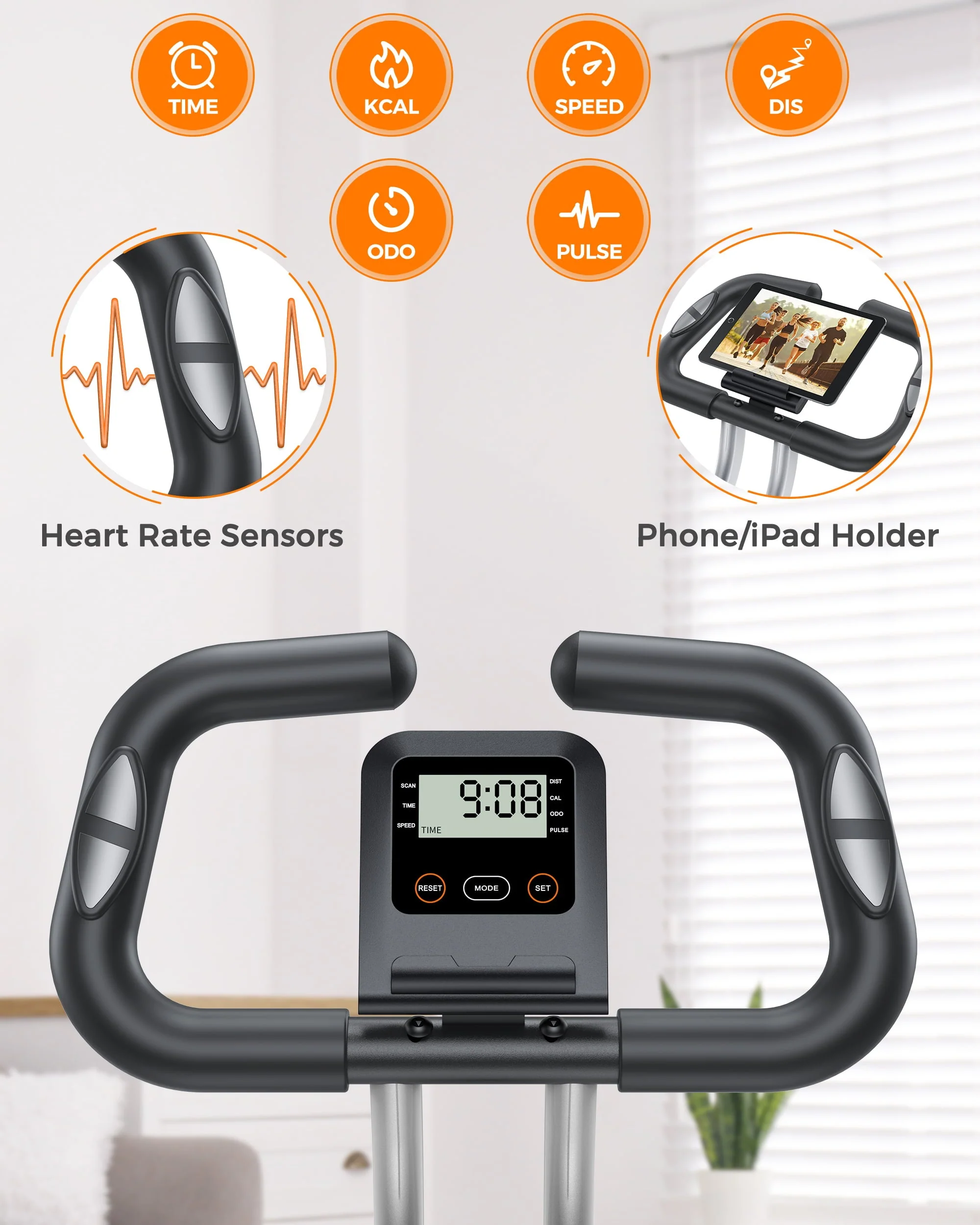 UPGO Folding Exercise Bike - 4 in 1 Upright Indoor Cycling Bike with 350lbs Capacity Foldable Stationary Bike  with Large Comfortable Seat Cushion and Arm Resistance Band, Pulse Sensor