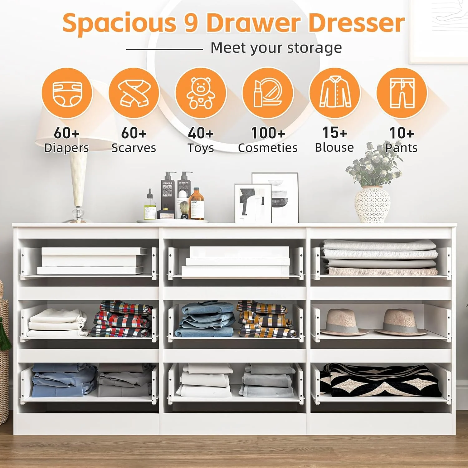 Fluted 6 Drawers Dresser, Wide Modern Chest of Drawers, Curved Profile Design, Dresser TV Stand, Wood Drawer Organizer for Bedroom, Living Room, Hallway