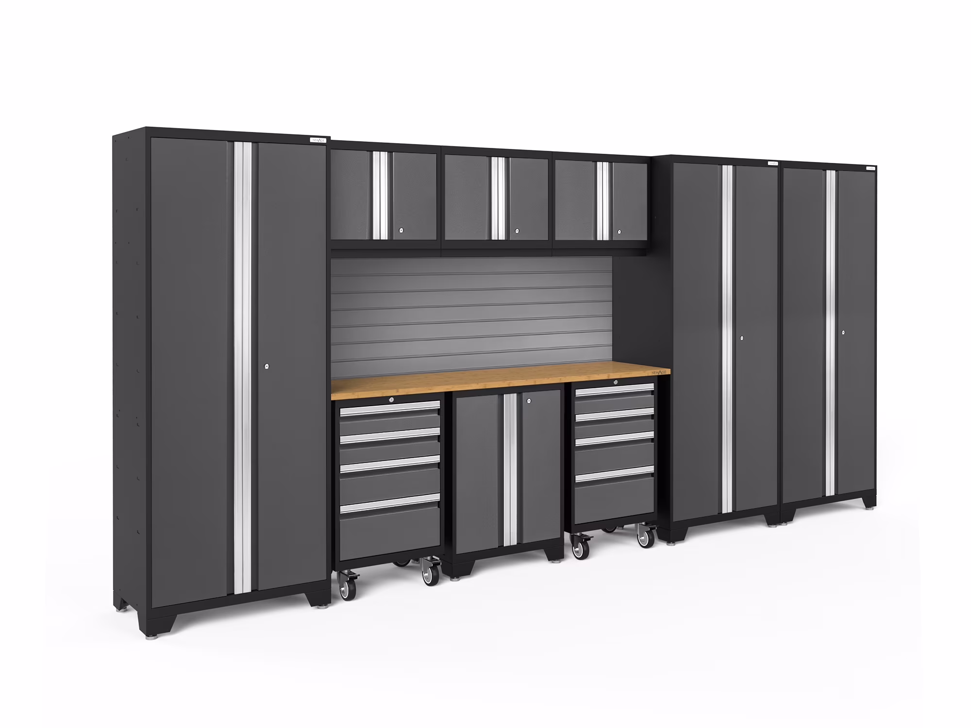 NewAge Products Bold Series Gray 10 Piece Cabinet Set, Heavy Duty 24-Gauge Steel Garage Storage System, Slatwall Included