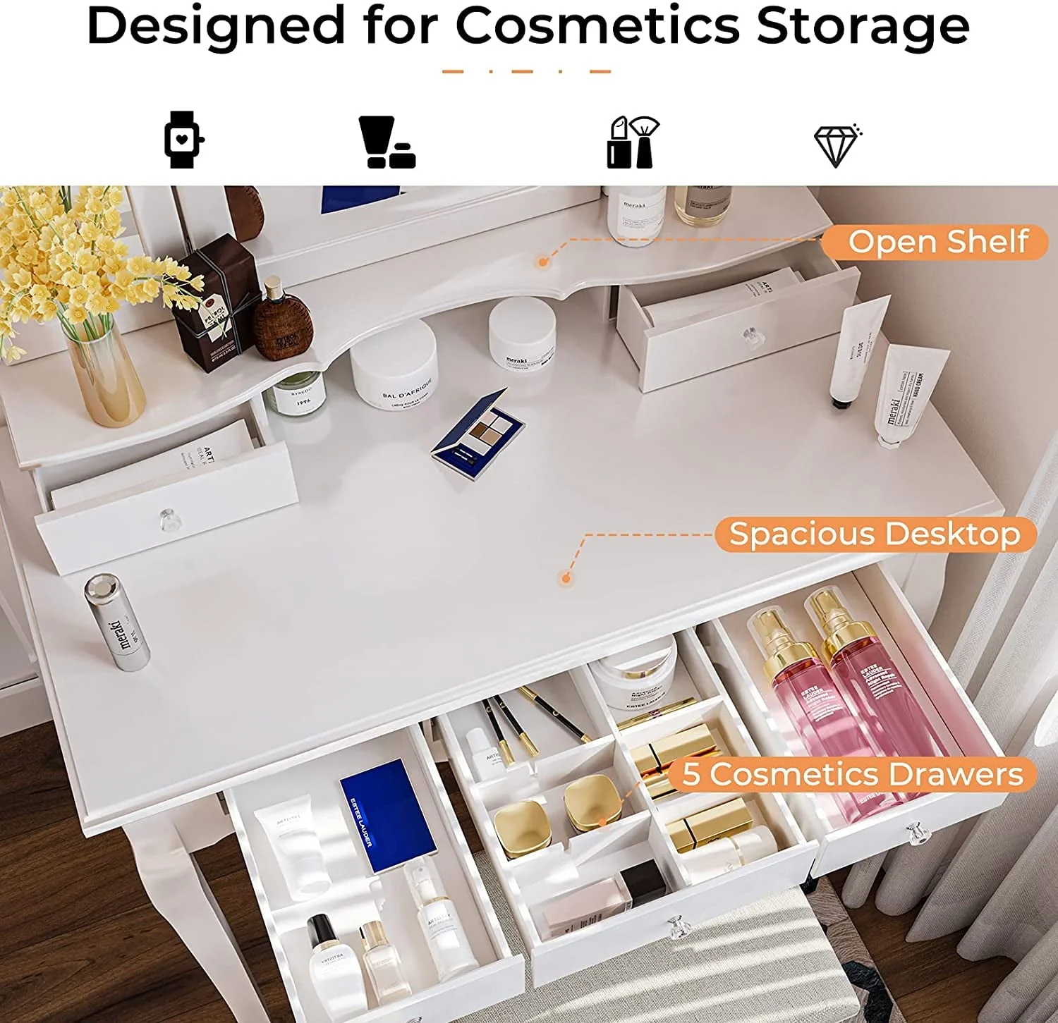 Vanity Table Set with Lighted Tri-Folding Mirror and Cushion Stool, White