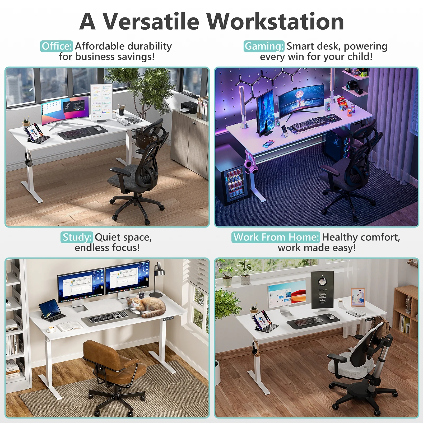 VVENACE Electric Standing Desk Height Adjustable Desk 48 inch 4 Memory Height Ergonomic Sit Stand up Desk for Home Office, White, 2 Split Boards