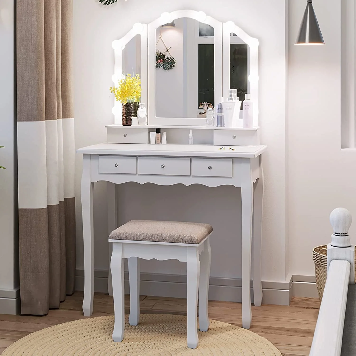 Vanity Table Set with Lighted Tri-Folding Mirror and Cushion Stool, White