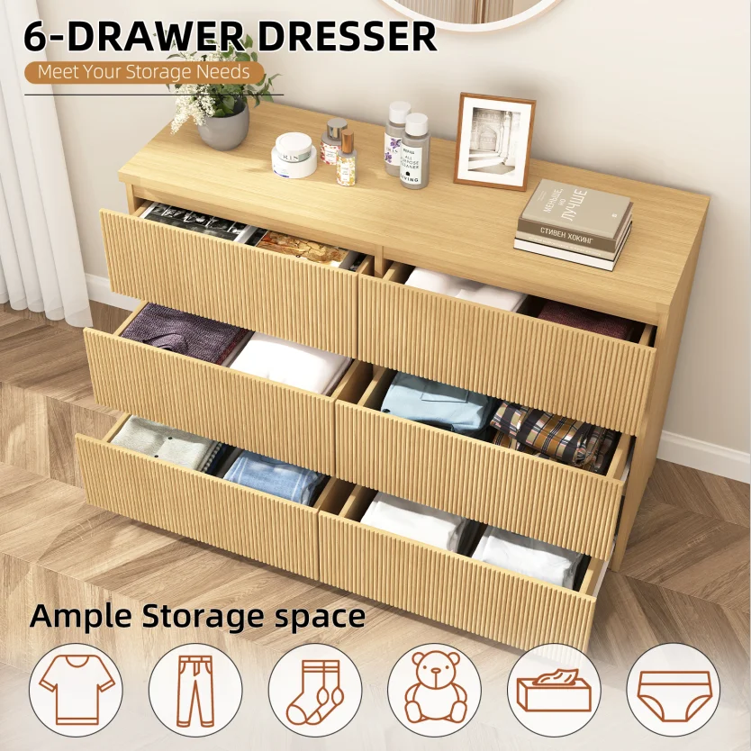 Fluted 6 Drawers Dresser, Wide Modern Chest of Drawers, Curved Profile Design, Dresser TV Stand, Wood Drawer Organizer for Bedroom, Living Room, Hallway