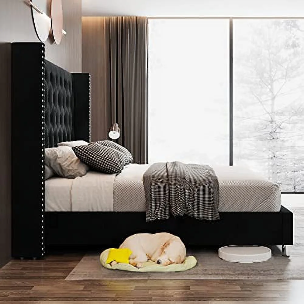 VanAcc Queen Bed Frame Upholstered Bed Wingback Headboard Velvet Tufted Diamond Button/No Box Spring Needed/Easy Assembly/Gray