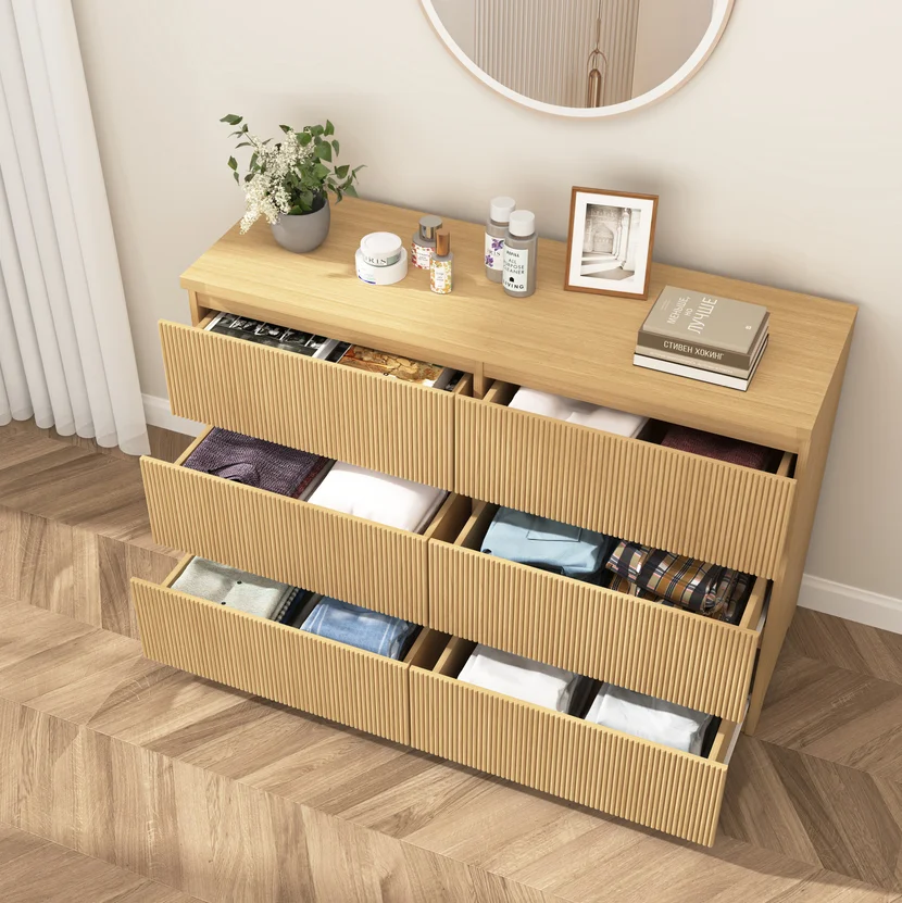 Fluted 6 Drawers Dresser, Wide Modern Chest of Drawers, Curved Profile Design, Dresser TV Stand, Wood Drawer Organizer for Bedroom, Living Room, Hallway