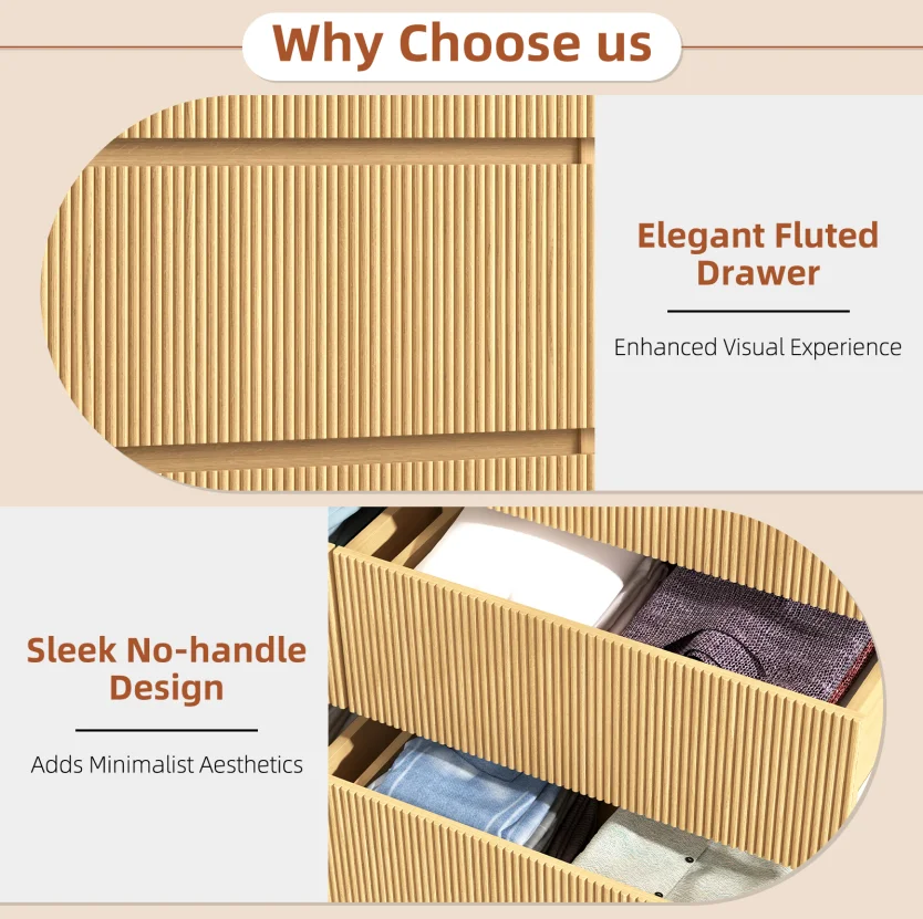 Fluted 6 Drawers Dresser, Wide Modern Chest of Drawers, Curved Profile Design, Dresser TV Stand, Wood Drawer Organizer for Bedroom, Living Room, Hallway